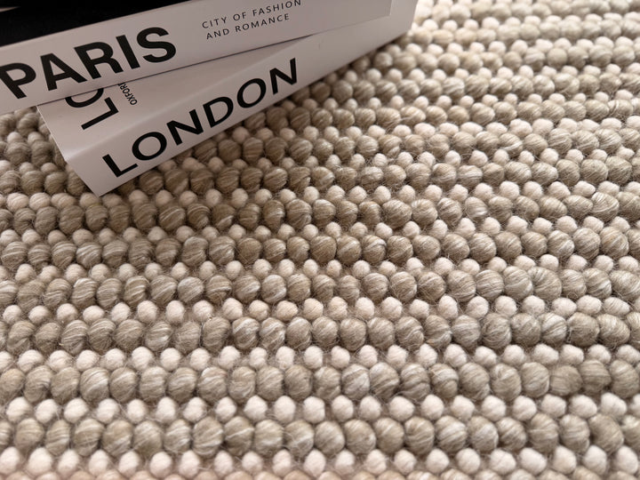 Pebbles Cherry Soft Olive and Ivory Color Hand-Woven Wool Rug
