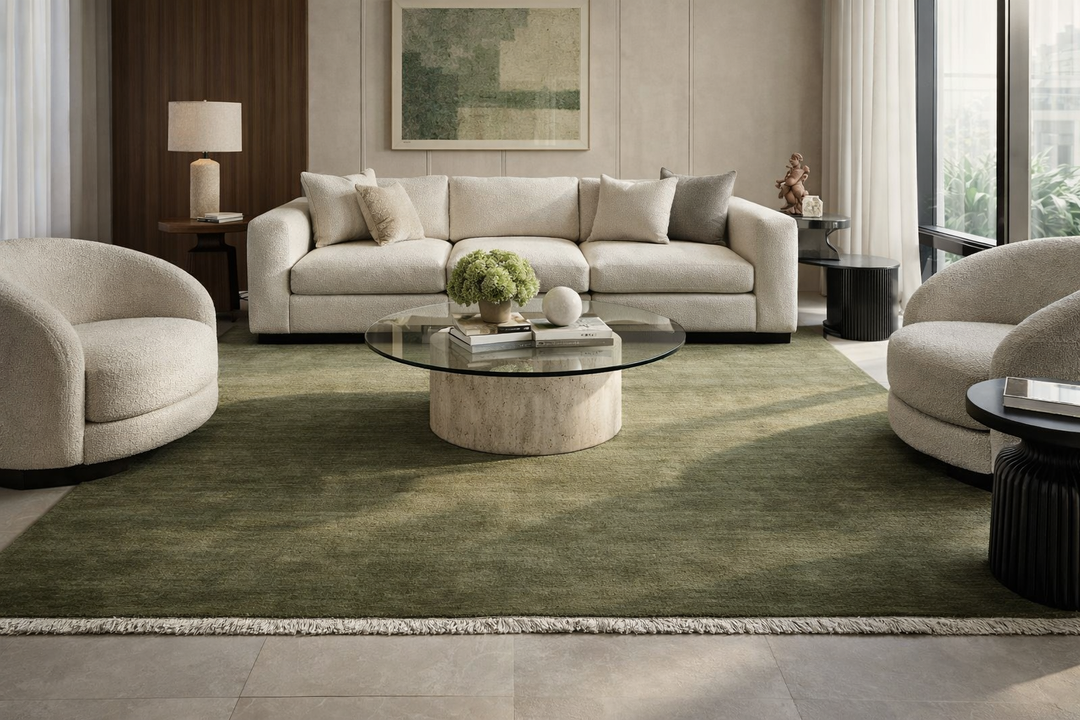 Dazzle Olive Green Color Handloom Knotted Rug 100% Pure Wool