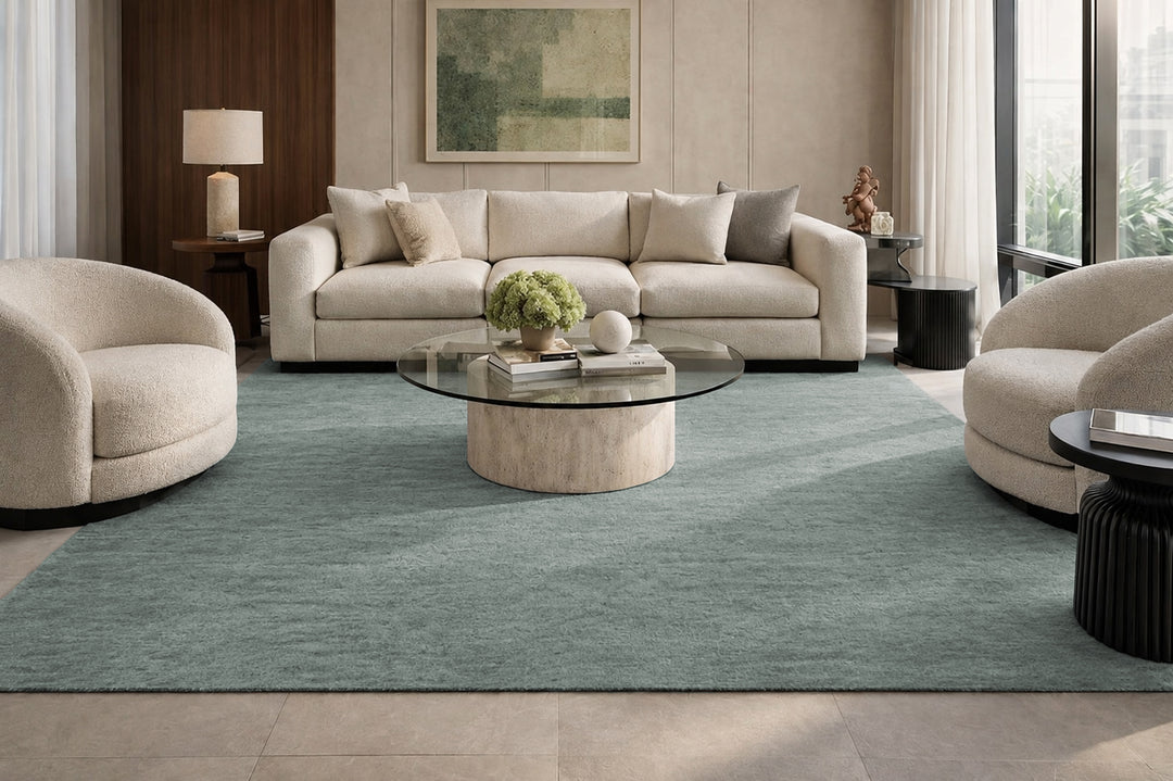 Livia Soft Ocean Green Handloom Knotted Rug 100% Pure Wool