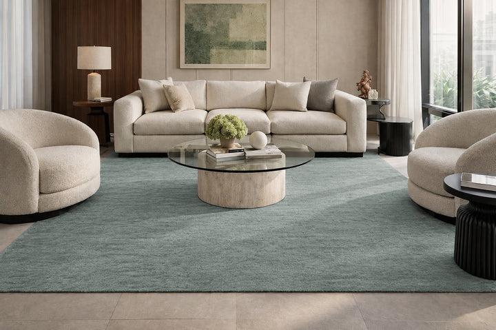 Livia Soft Ocean Green Handloom Knotted Rug 100% Pure Wool